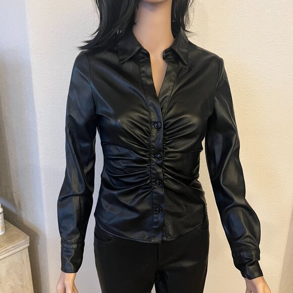 Zara Ruched Front Faux Leather Black Blouse Top Size XS Button Front - Picture 2 of 9